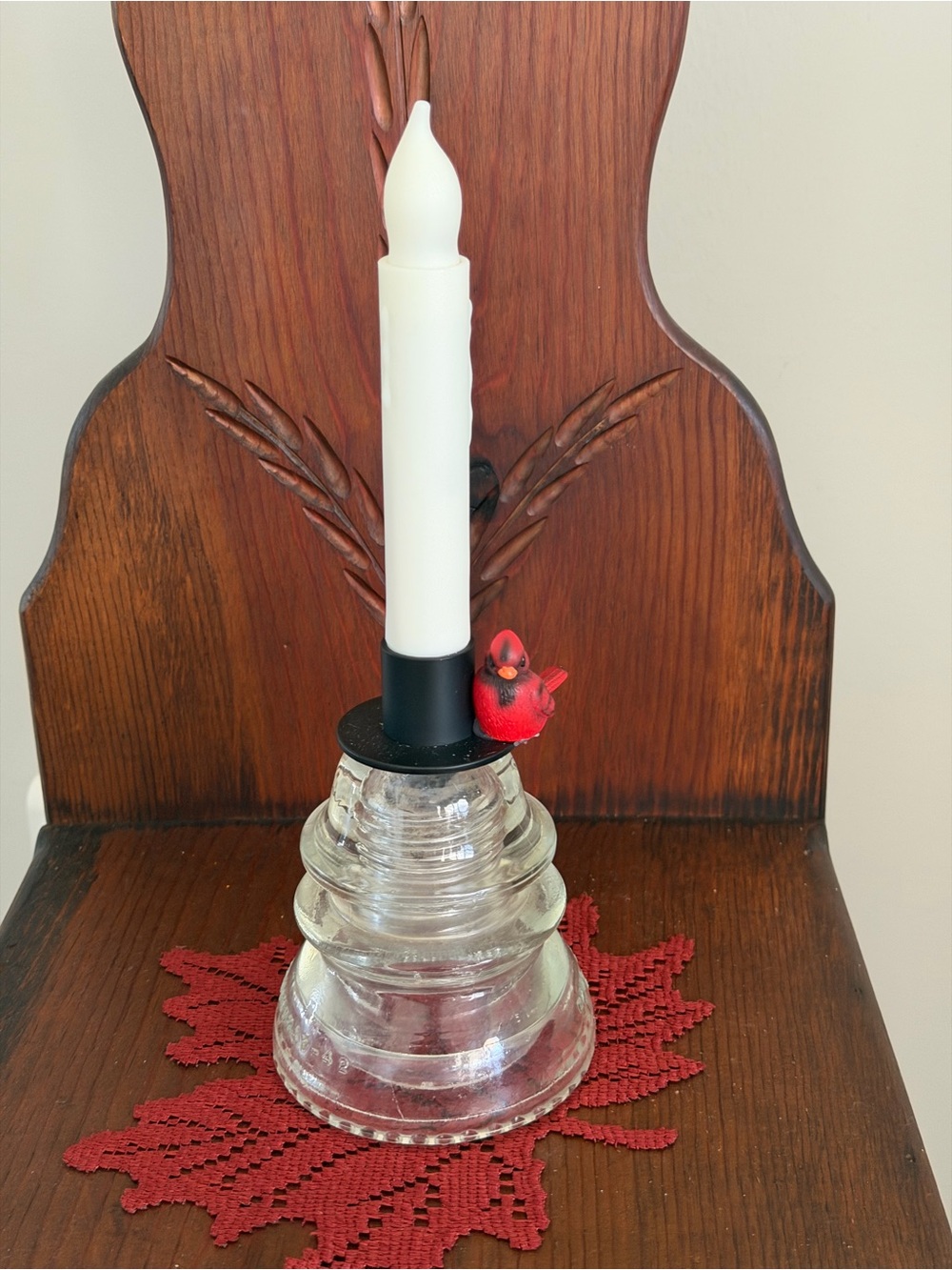 Glass Insulator Candle Holder with Red Cardinal Accent